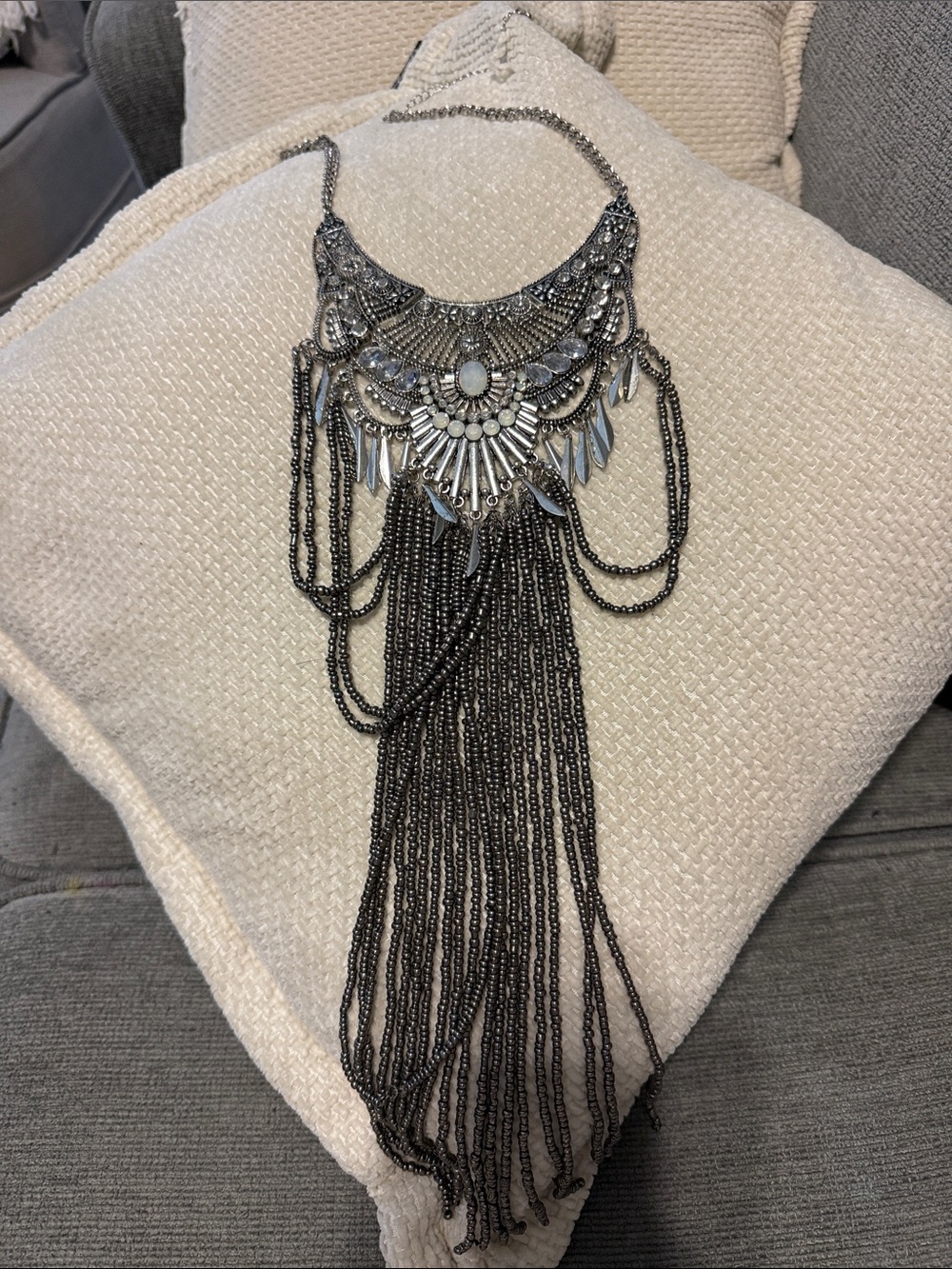 Boho Multi-Strand Fringe Statement Necklace in Gunmetal